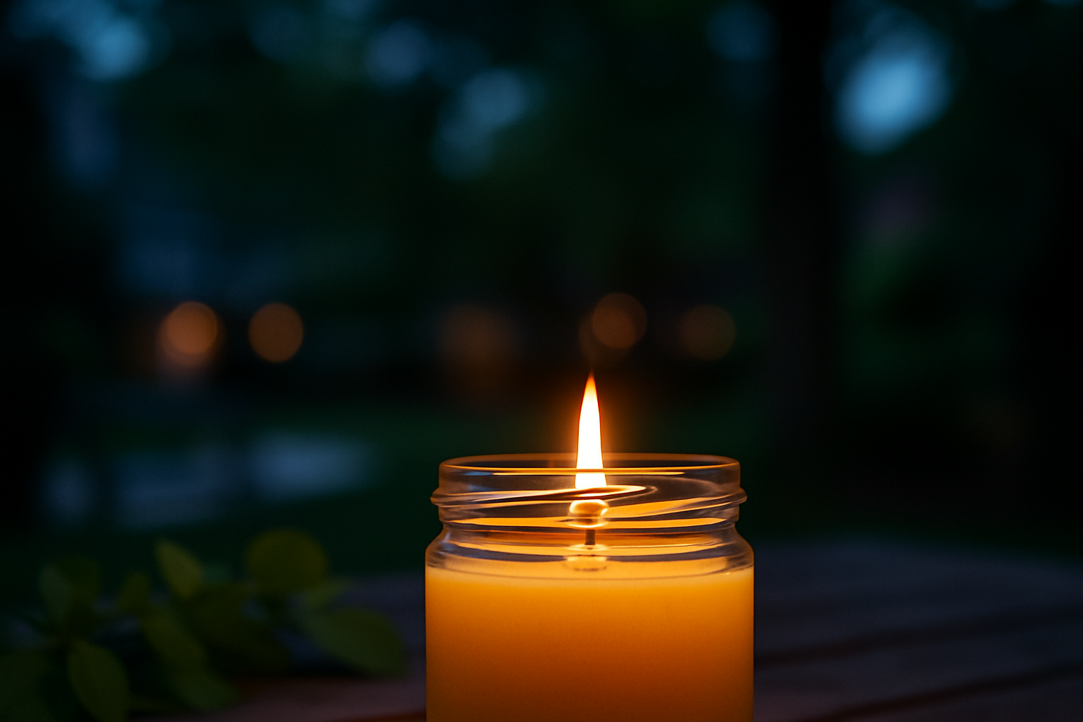 Beeswax citronella candle burning outdoors as a natural mosquito repellent