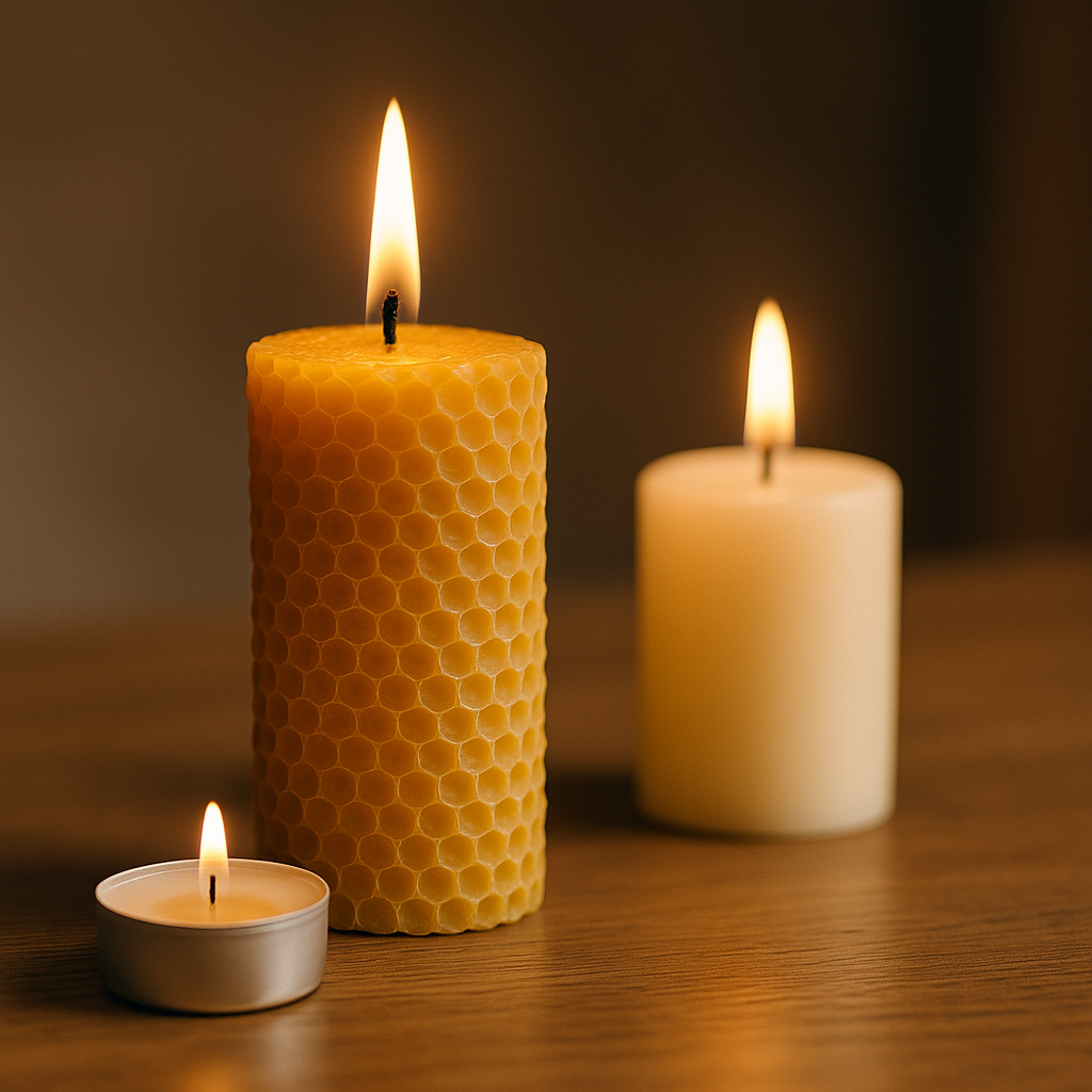 Three lit candles on a wooden surface, including a honeycomb-textured beeswax candle, a plain paraffin pillar candle, and a small tealight, softly illuminating a warm-toned room. 