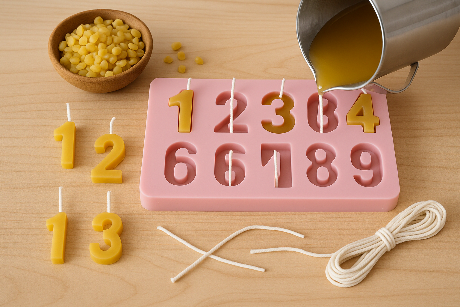 DIY beeswax number birthday candles being poured into a pink silicone mold, with finished candles, beeswax pellets, and cotton wicks arranged on a wooden table.