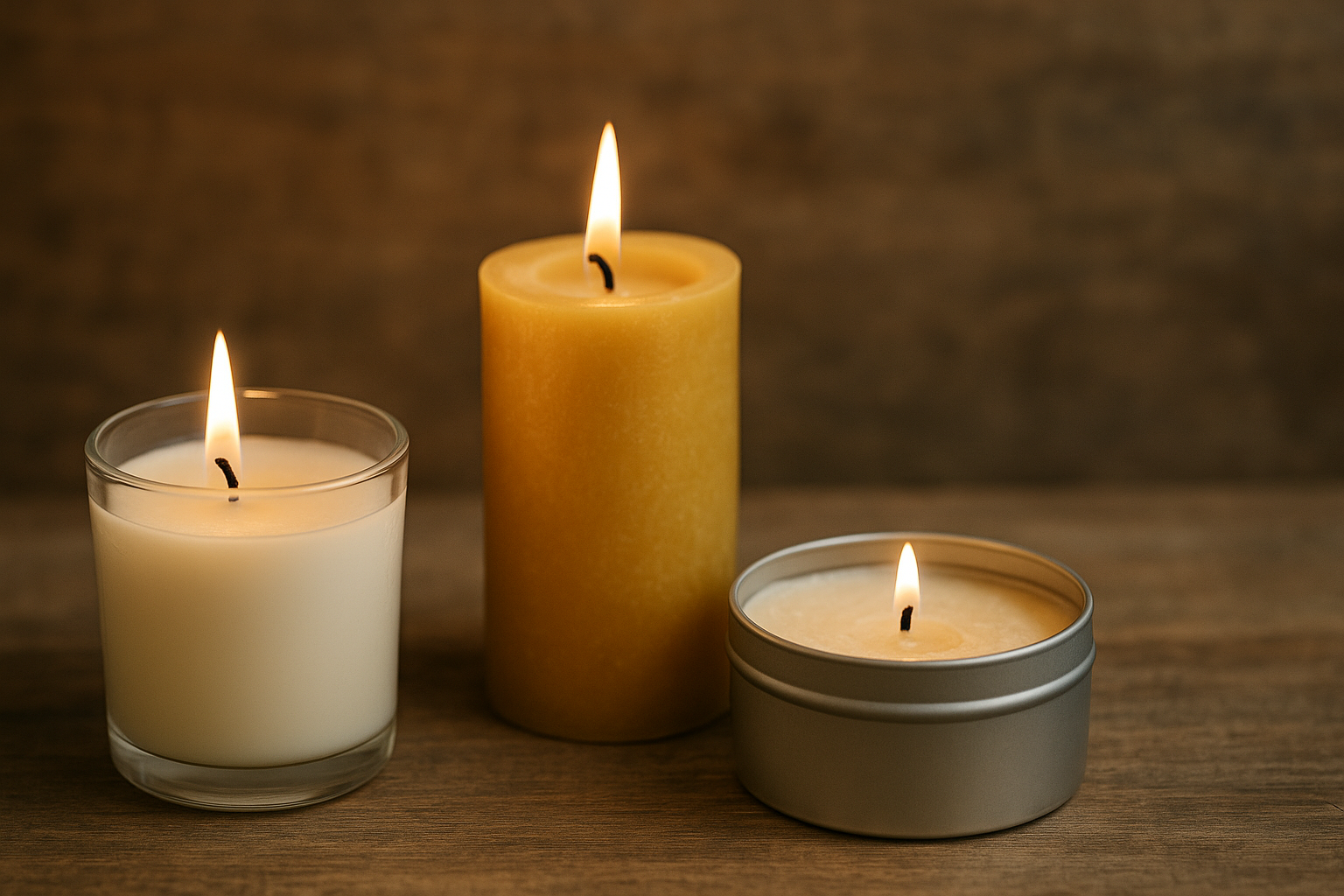 A close-up photograph of three natural wax candles—coconut, beeswax, and soy—burning on a rustic wooden surface with a warm, softly lit background.